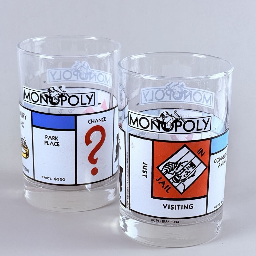 Monopoly Lowball Glasses Set of 2 Arby’s Collector Series Drinking 1985 Vintage